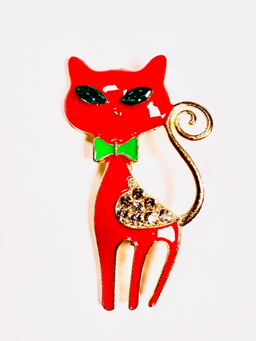 Brooch Red Enamel Sleek Cat Sparkly Green Eyes  Green Bow Witchy Goth Whimsical